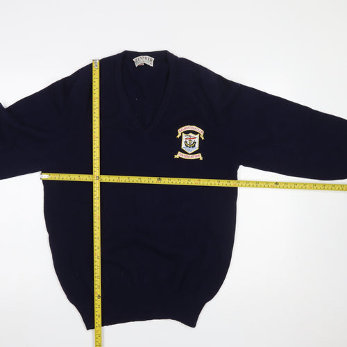 Glenmoor Men’s Navy Blue Wool Golf Pullover Jumper M V-Neck Embroidered
