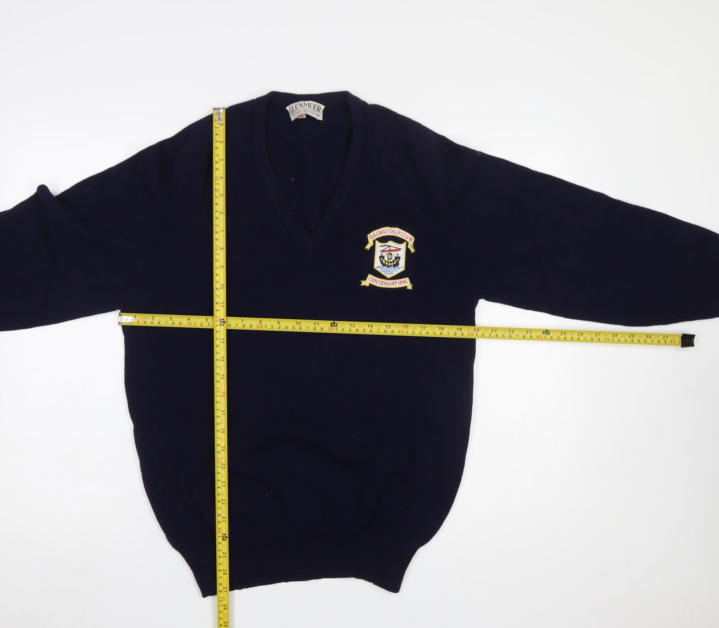 Glenmoor Men’s Navy Blue Wool Golf Pullover Jumper M V-Neck Embroidered