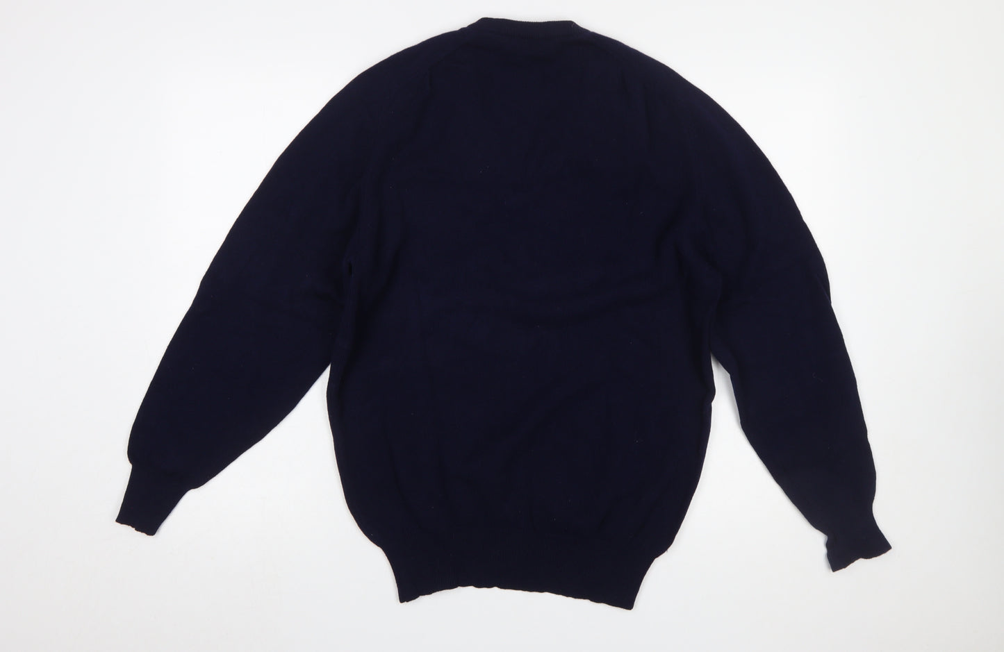 Glenmoor Men’s Navy Blue Wool Golf Pullover Jumper M V-Neck Embroidered