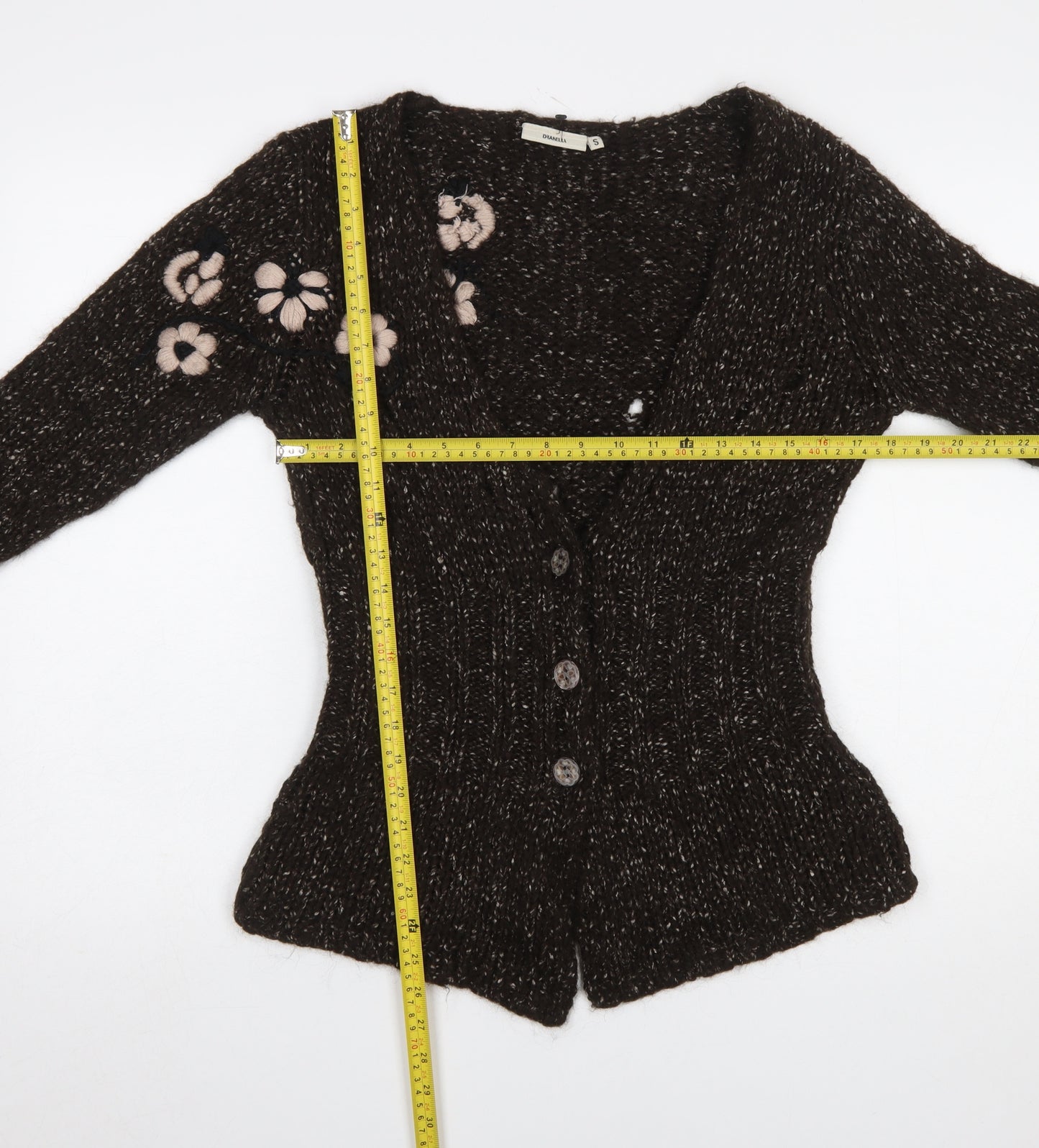 Dranella Women's Brown Wool Blend Floral Knit Cardigan Size S