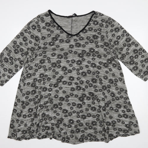 Yours Womens Grey Floral Tunic Top UK 20 Relaxed Fit 3/4 Sleeve