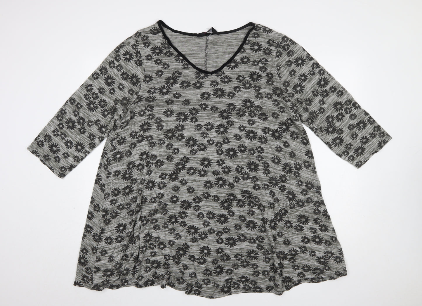 Yours Womens Grey Floral Tunic Top UK 20 Relaxed Fit 3/4 Sleeve