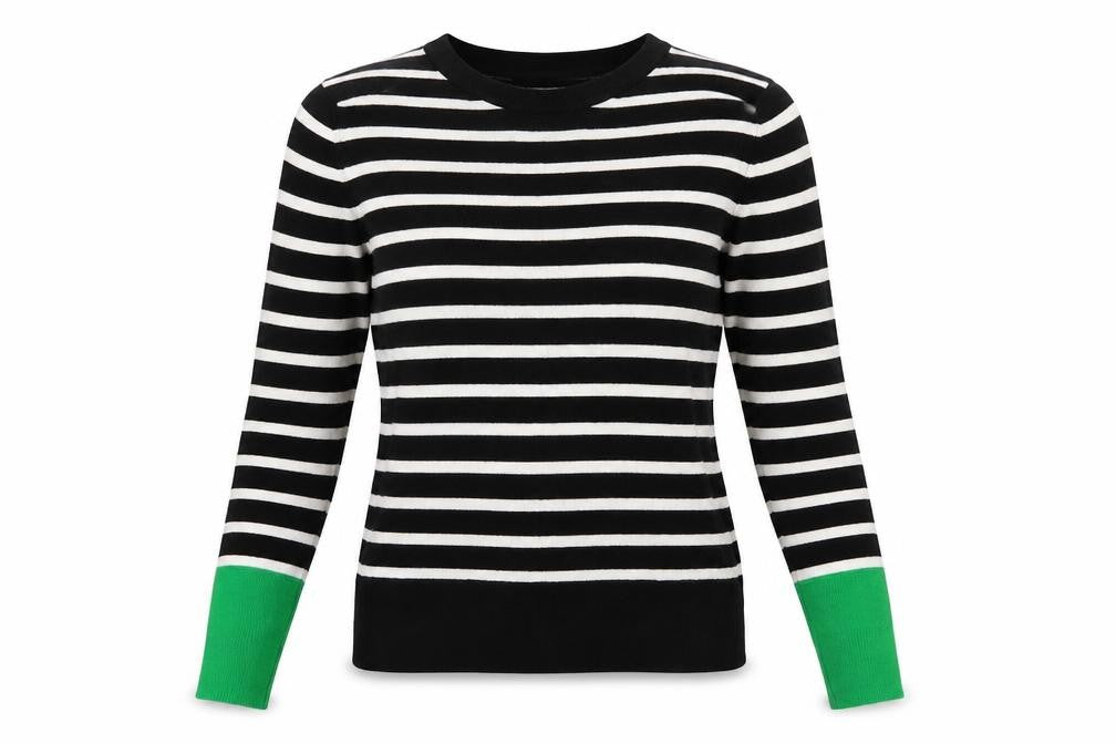 Front view of Warehouse Women's Black Striped Crew Neck Long Sleeve Jumper, size 8
