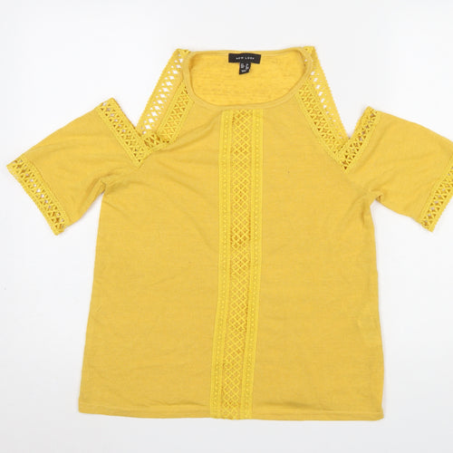 New Look Women Yellow Cold Shoulder Crochet T-Shirt Size 10