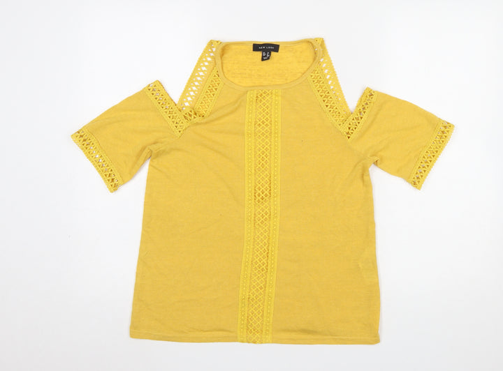 New Look Women Yellow Cold Shoulder Crochet T-Shirt Size 10