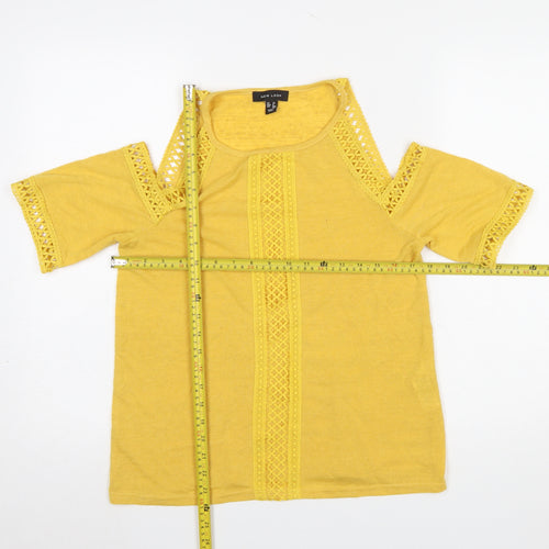 New Look Women Yellow Cold Shoulder Crochet T-Shirt Size 10