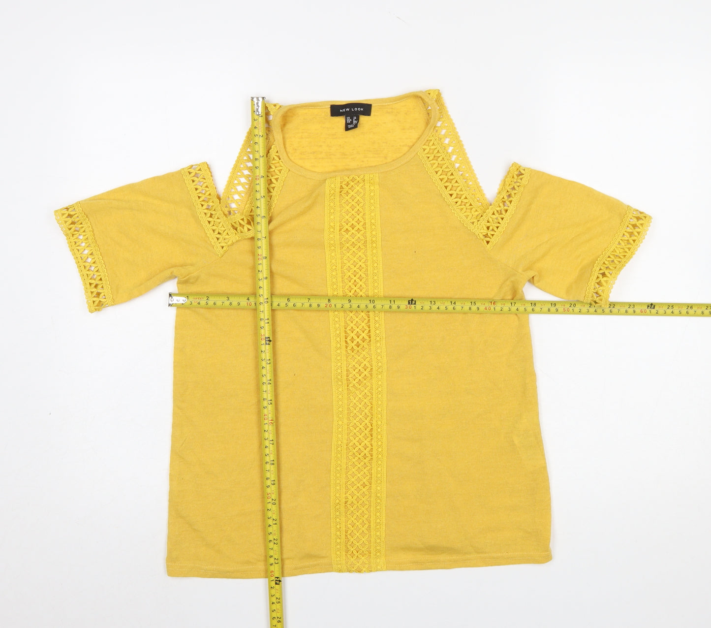 New Look Women Yellow Cold Shoulder Crochet T-Shirt Size 10