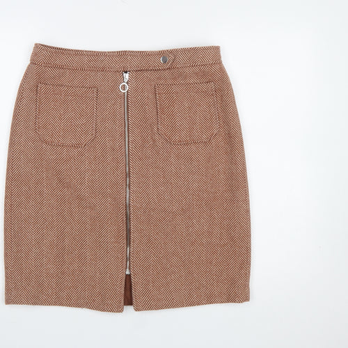 Vero Moda Women Brown Herringbone Wool Blend Knee Length Pencil Skirt L