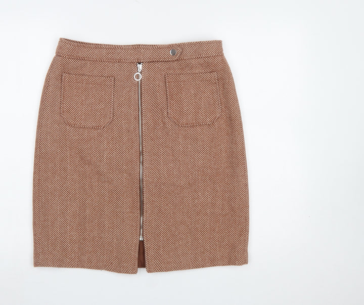 Vero Moda Women Brown Herringbone Wool Blend Knee Length Pencil Skirt L