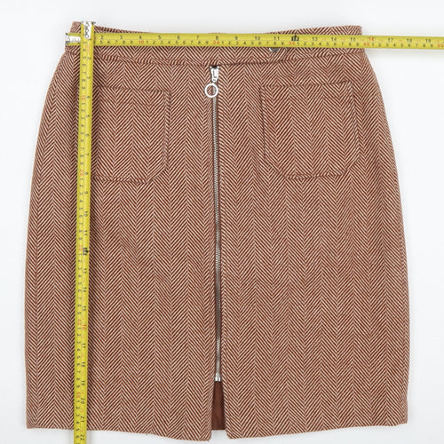 Vero Moda Women Brown Herringbone Wool Blend Knee Length Pencil Skirt L
