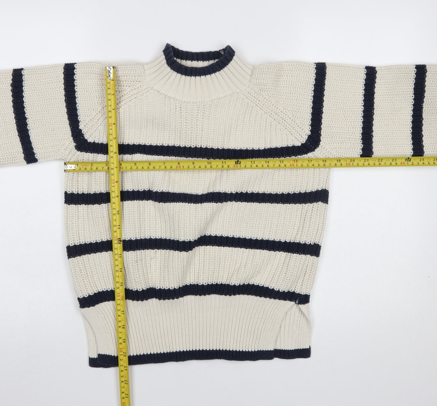 Y.A.S Womens Ivory Striped High Neck Chunky Knit Jumper XS