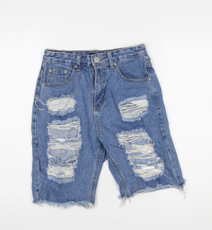 PrettyLittleThing Women’s Blue Distressed Bermuda Denim Shorts Size 8