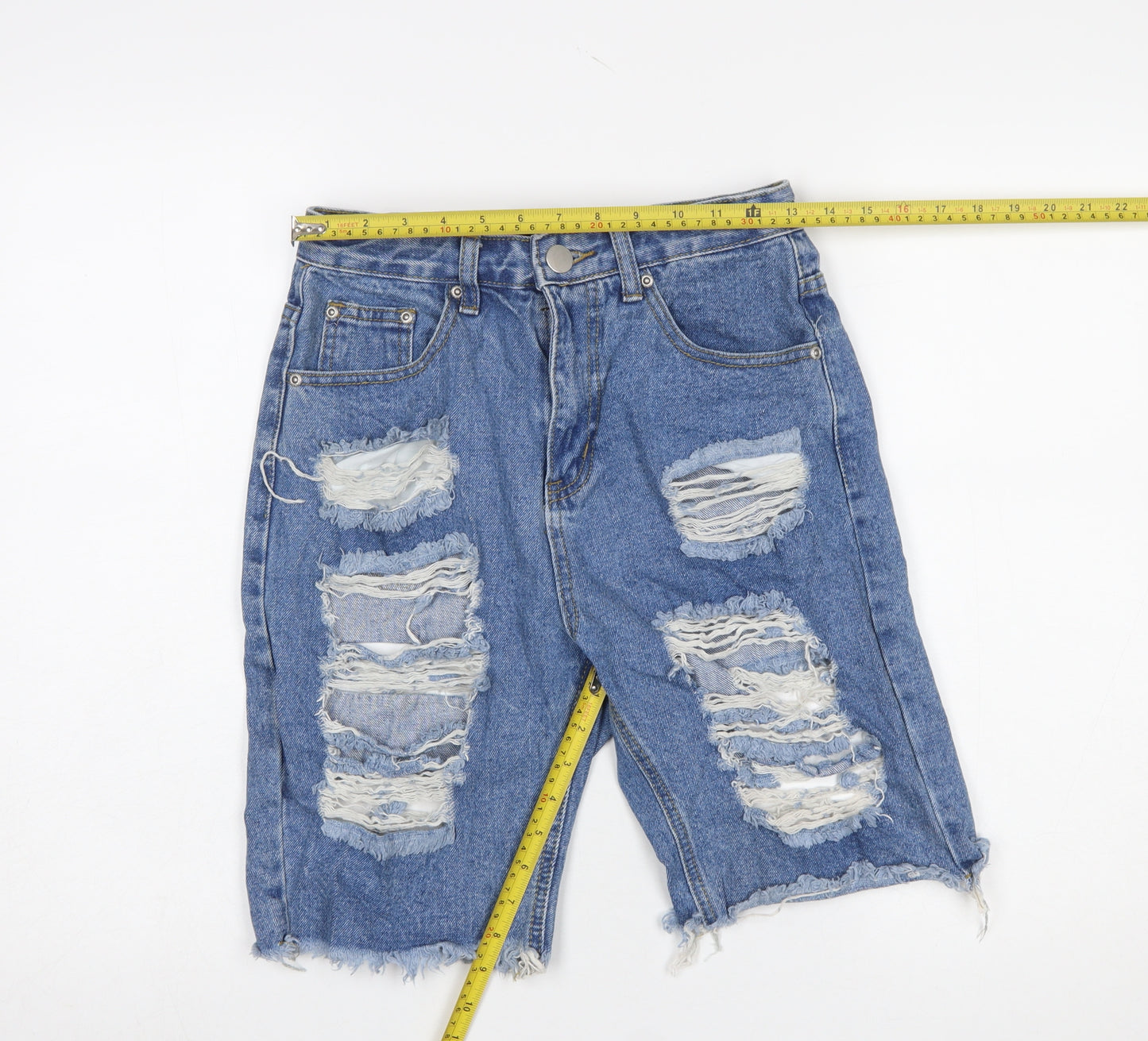 PrettyLittleThing Women’s Blue Distressed Bermuda Denim Shorts Size 8