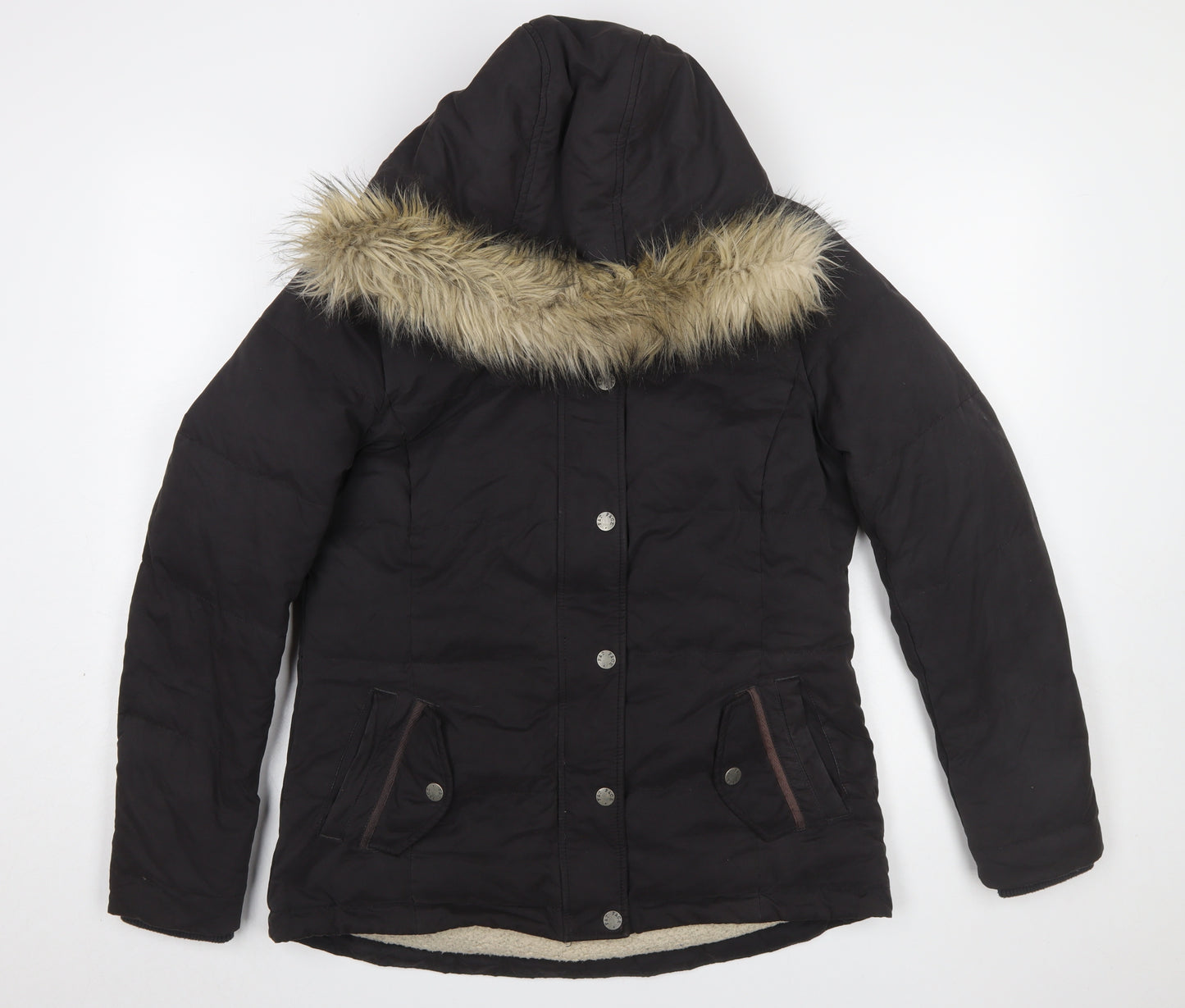 Fat Face Womens Black Size 12 Hooded Puffer Jacket Faux Fur Trim Winter Coat