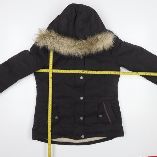 Fat Face Womens Black Size 12 Hooded Puffer Jacket Faux Fur Trim Winter Coat