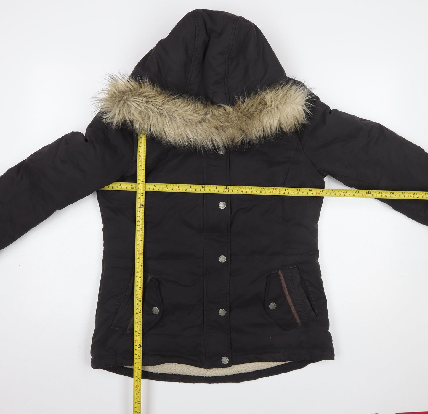 Fat Face Womens Black Size 12 Hooded Puffer Jacket Faux Fur Trim Winter Coat