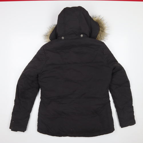 Fat Face Womens Black Size 12 Hooded Puffer Jacket Faux Fur Trim Winter Coat