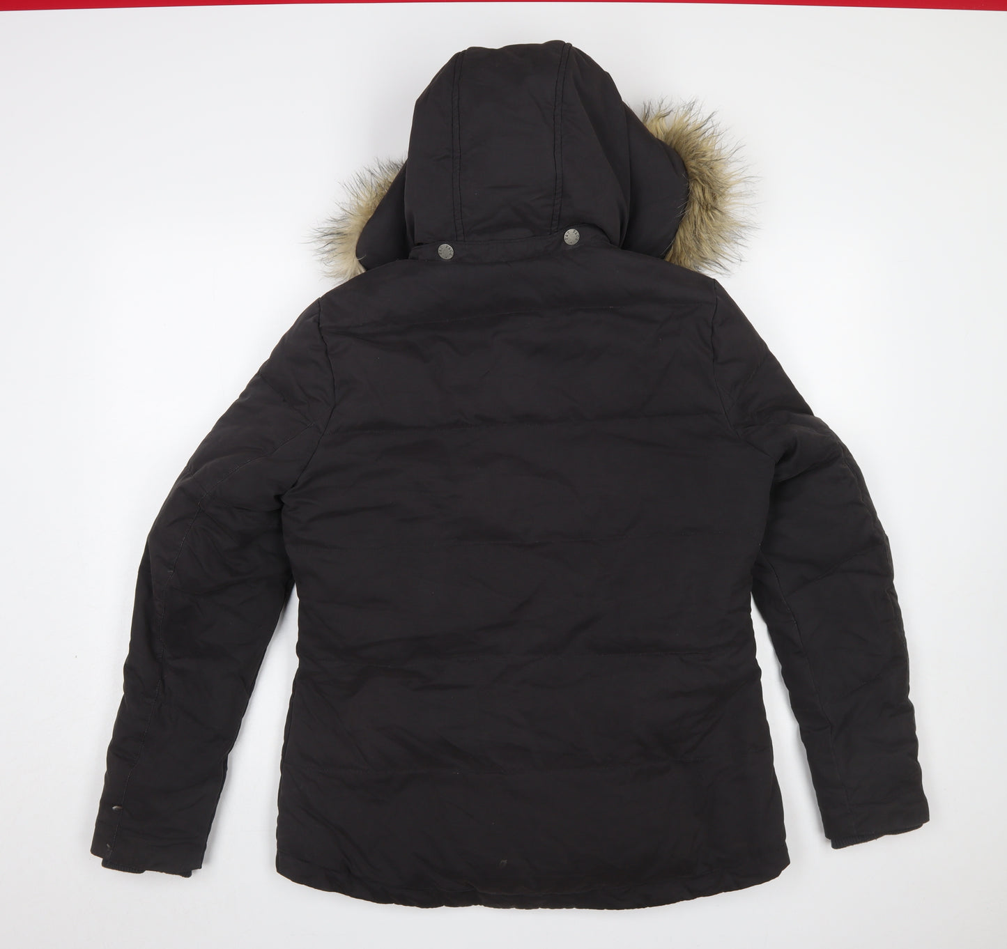 Fat Face Womens Black Size 12 Hooded Puffer Jacket Faux Fur Trim Winter Coat