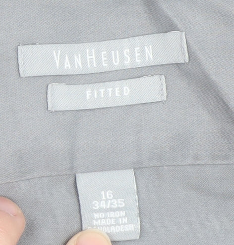 Van Heusen Men's Grey Fitted No Iron Long Sleeve Dress Shirt Size 16