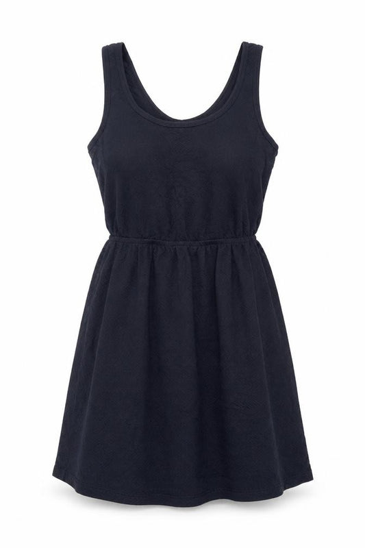 Front view of BlueSteel Women Black Short Tank Dress, size S, Scoop Neck Cut Out