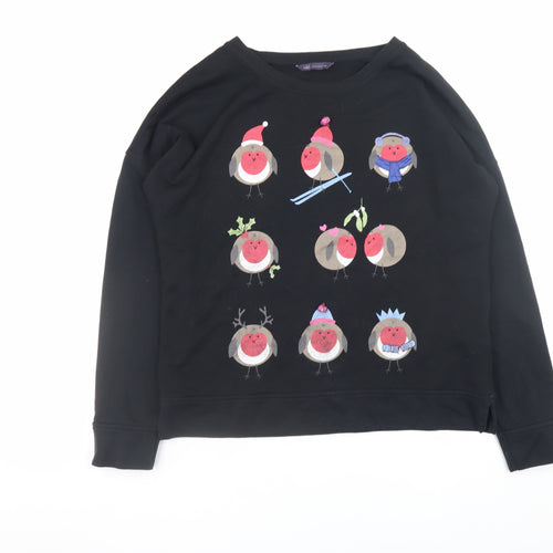 Marks and Spencer Women's Black Size 12 Pullover Sweatshirt with Christmas Robin Print