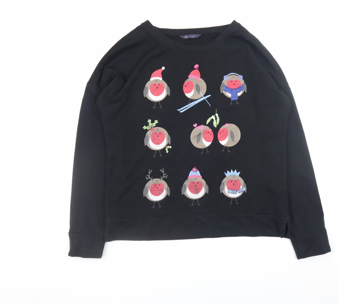 Marks and Spencer Women's Black Size 12 Pullover Sweatshirt with Christmas Robin Print