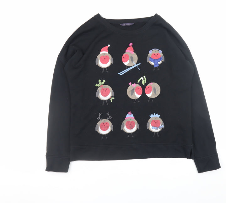 Marks and Spencer Women's Black Size 12 Pullover Sweatshirt with Christmas Robin Print