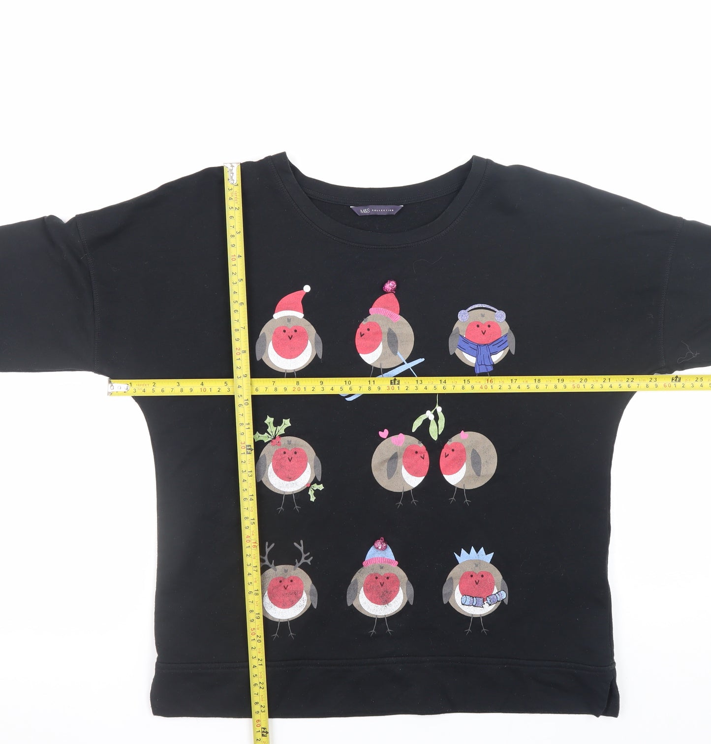 Marks and Spencer Women's Black Size 12 Pullover Sweatshirt with Christmas Robin Print