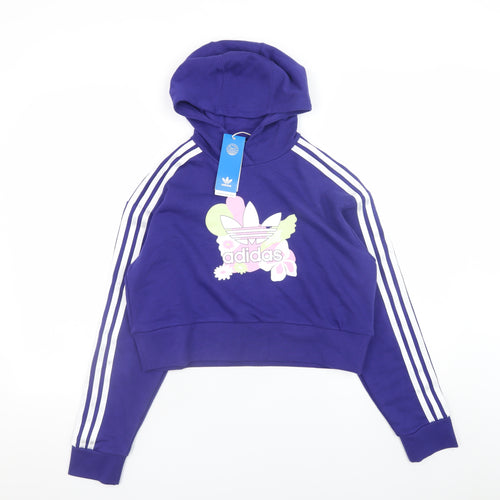 Adidas Girls Purple Hooded Pullover Hoodie 12-13 Years Floral Logo Jumper