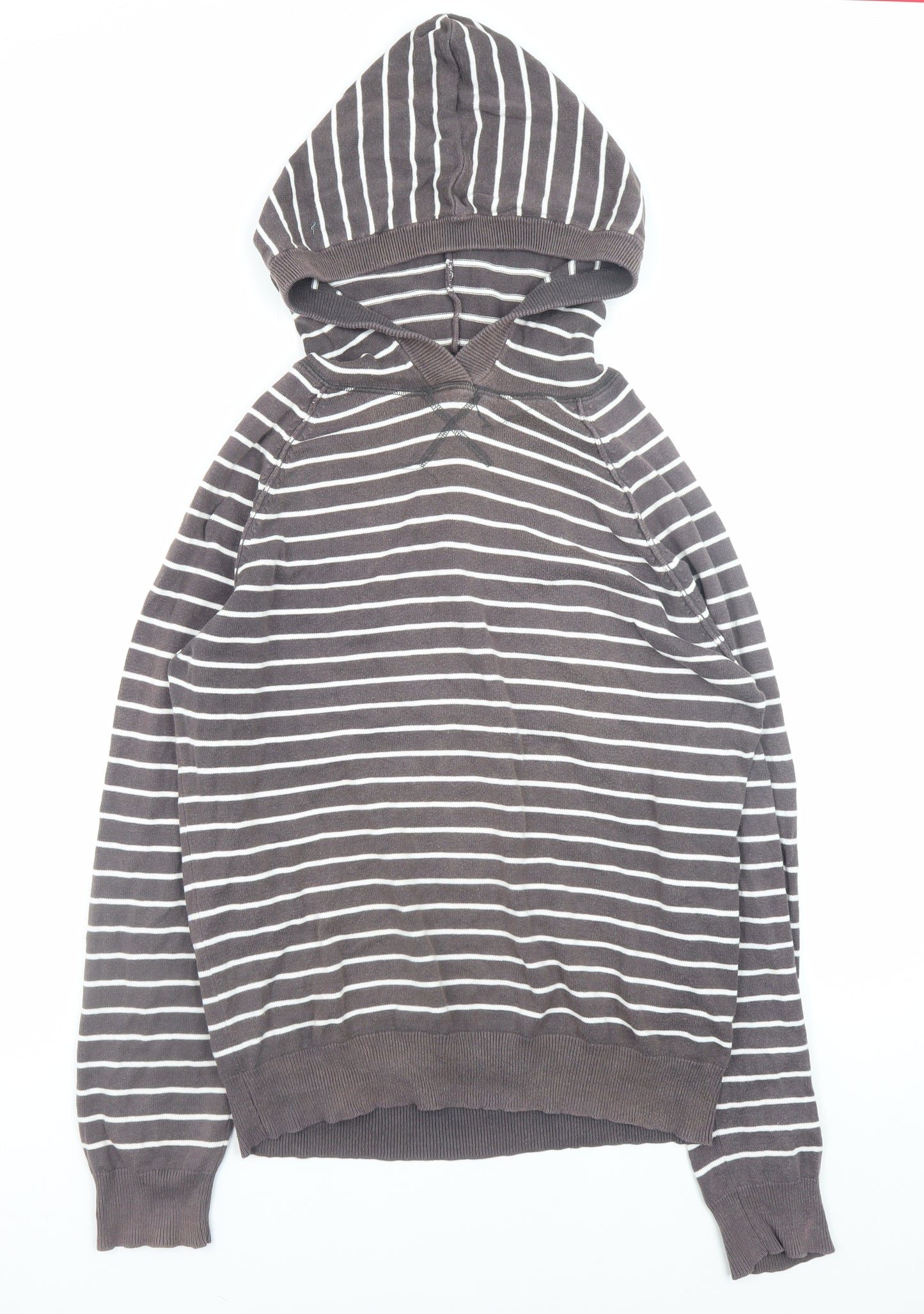 Topman Men’s Brown Striped Cotton Hooded Pullover Jumper Size S