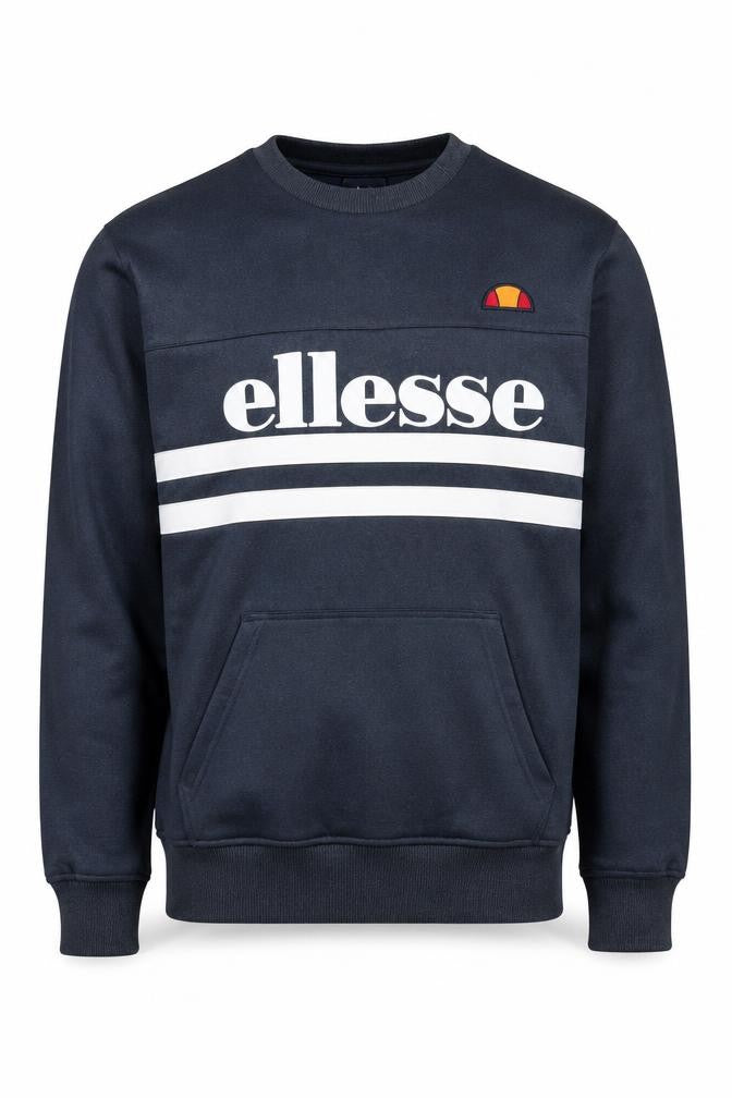 Front view of Ellesse men’s blue xs crew neck pullover logo sweatshirt