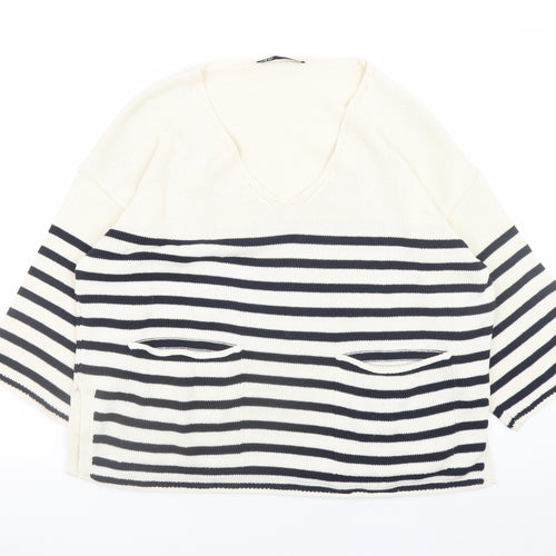 Zara Women Ivory Navy Striped V-Neck Pullover Jumper Size 8