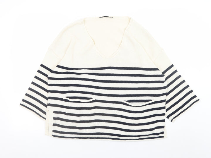 Zara Women Ivory Navy Striped V-Neck Pullover Jumper Size 8