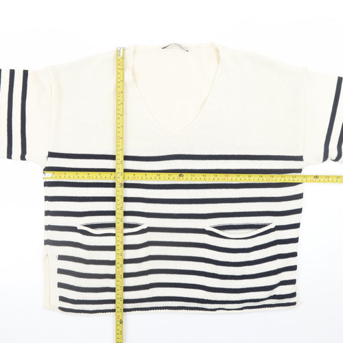 Zara Women Ivory Navy Striped V-Neck Pullover Jumper Size 8
