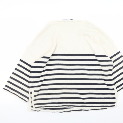 Zara Women Ivory Navy Striped V-Neck Pullover Jumper Size 8