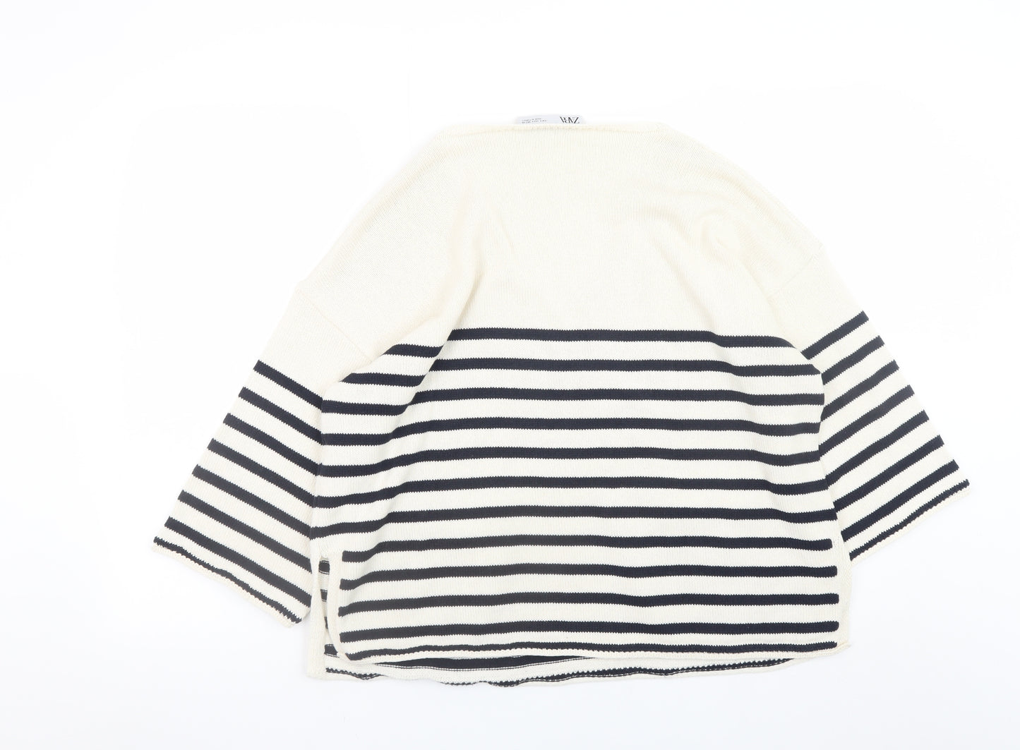 Zara Women Ivory Navy Striped V-Neck Pullover Jumper Size 8