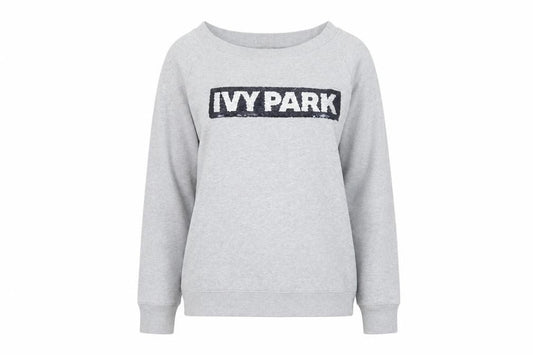 Front view of Ivy Park women’s grey sequin logo pullover sweatshirt xxs