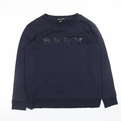 DKNY Jeans Women's Navy Cotton Blend Sequin Logo Sweatshirt Size S