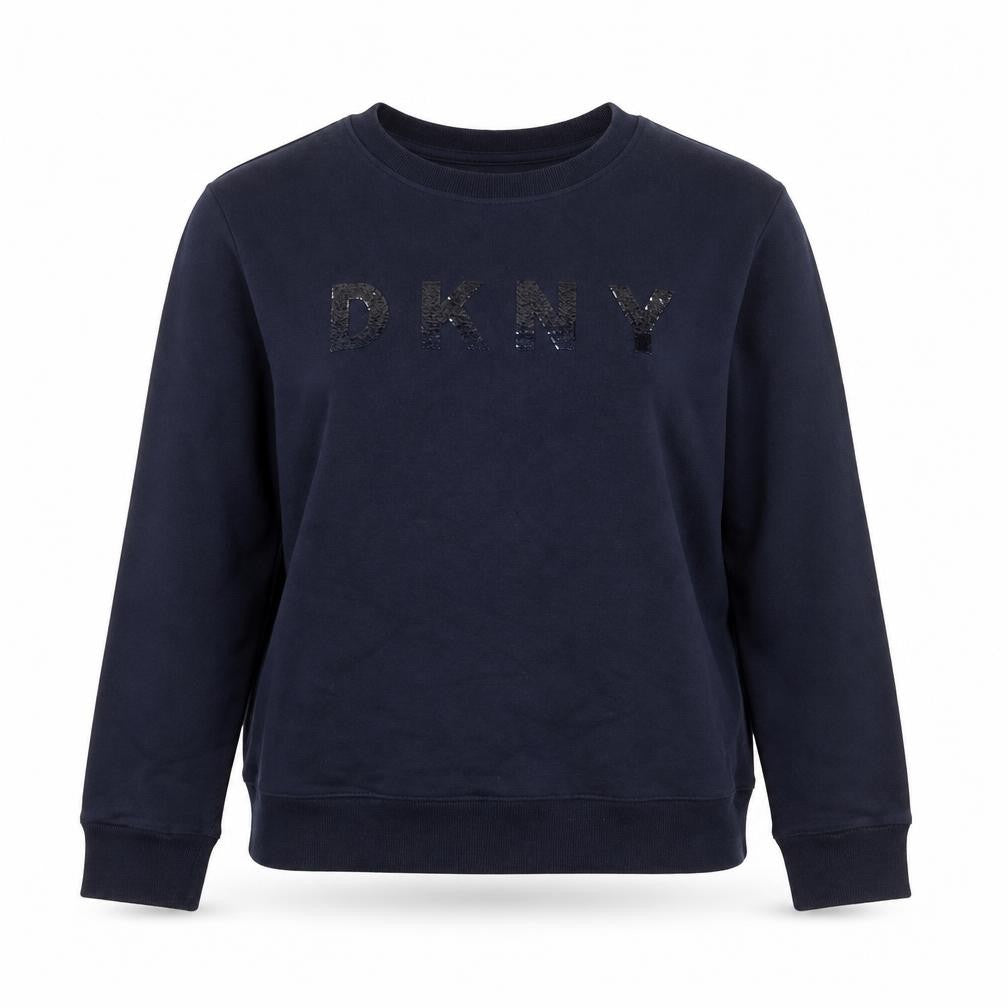 Front view of DKNY Jeans Women's Navy Cotton Blend Sequin Logo Sweatshirt, size S