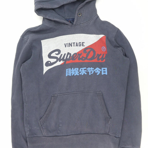 Superdry Men's Blue Pullover Hoodie Small Logo Print Fleece