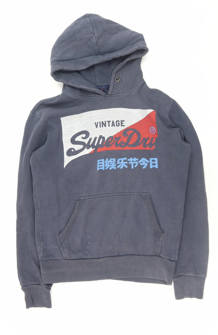 Superdry Men's Blue Pullover Hoodie Small Logo Print Fleece
