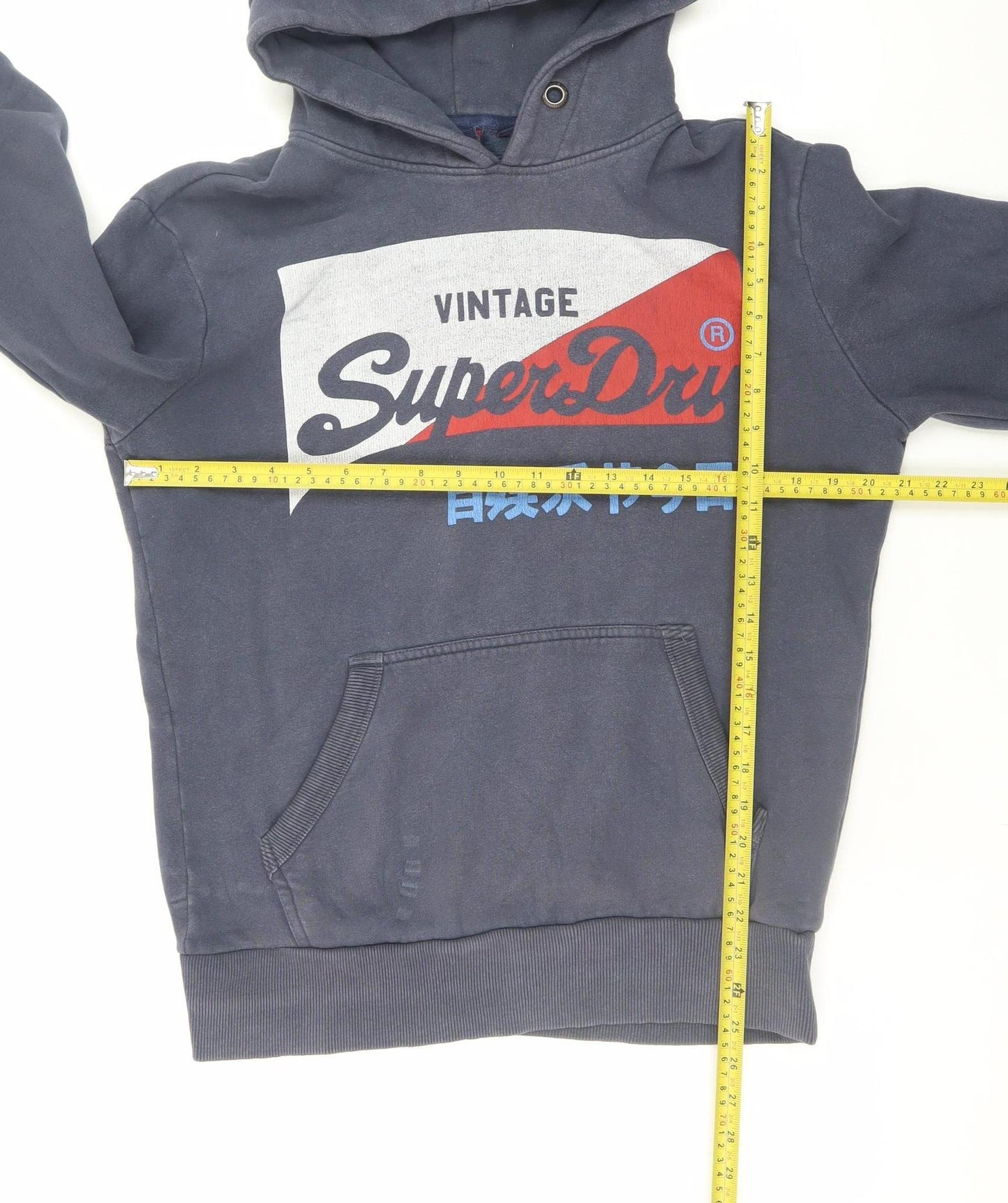 Superdry Men's Blue Pullover Hoodie Small Logo Print Fleece