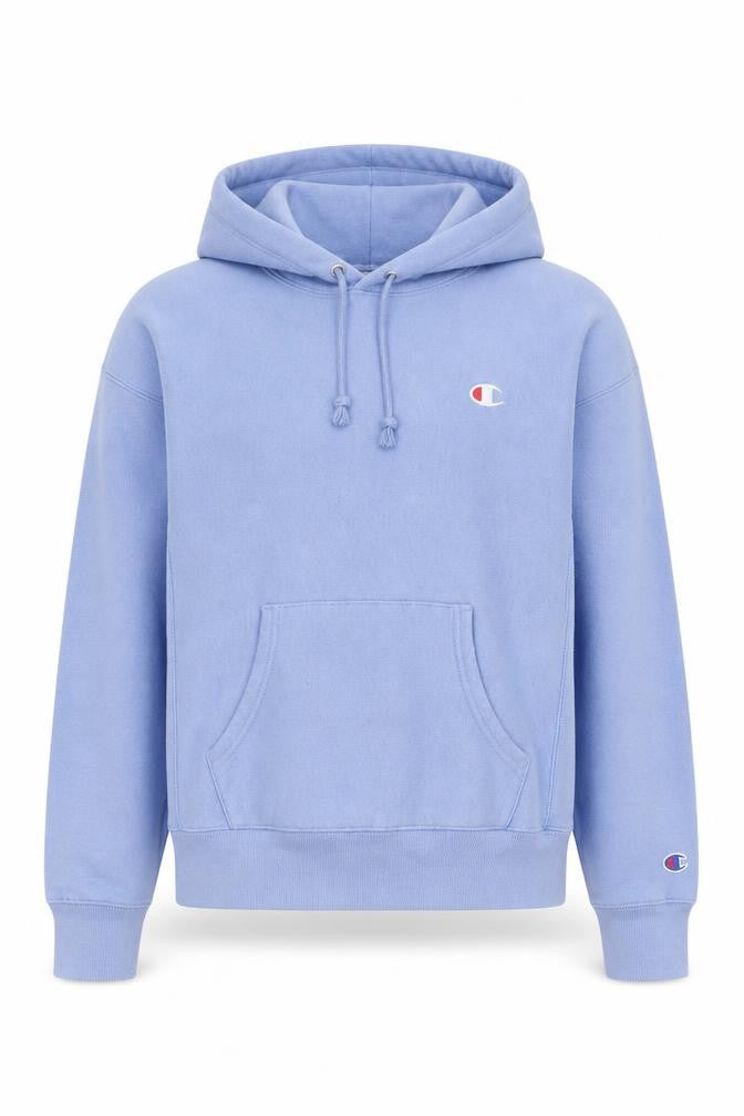 Front view of Champion Men's Blue Reverse Weave Pullover Hoodie, size S