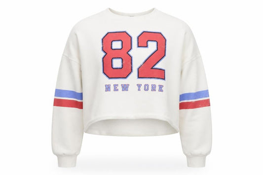 Front view of River Island Women's White Relaxed Fit New York 82 Sweatshirt, size M