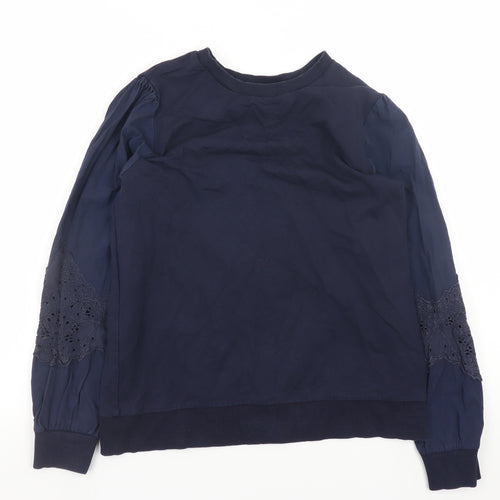Gallery Women Navy Blue Pullover Sweatshirt with Embroidered Lace Sleeves Size S
