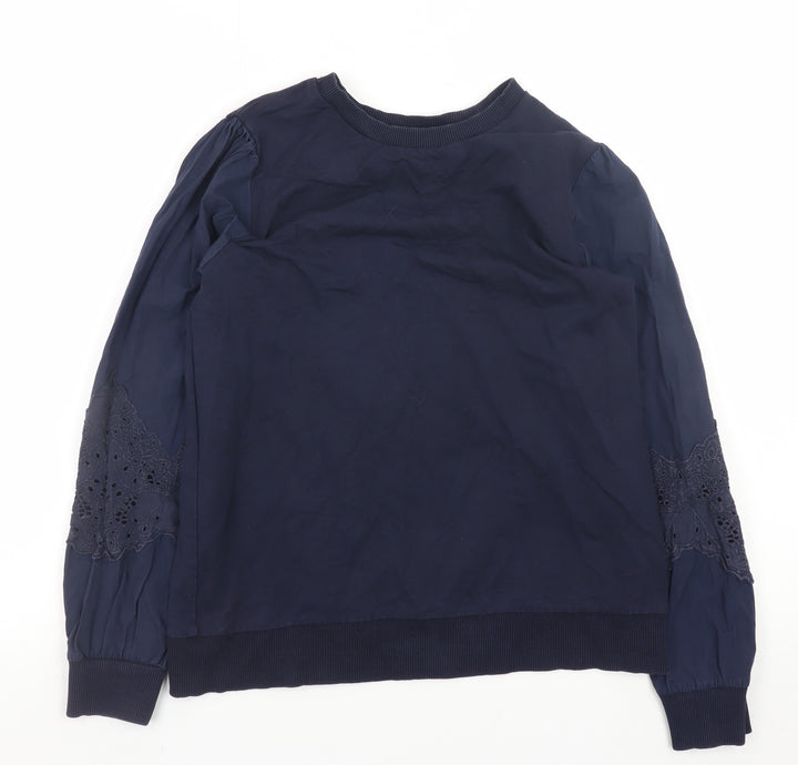Gallery Women Navy Blue Pullover Sweatshirt with Embroidered Lace Sleeves Size S