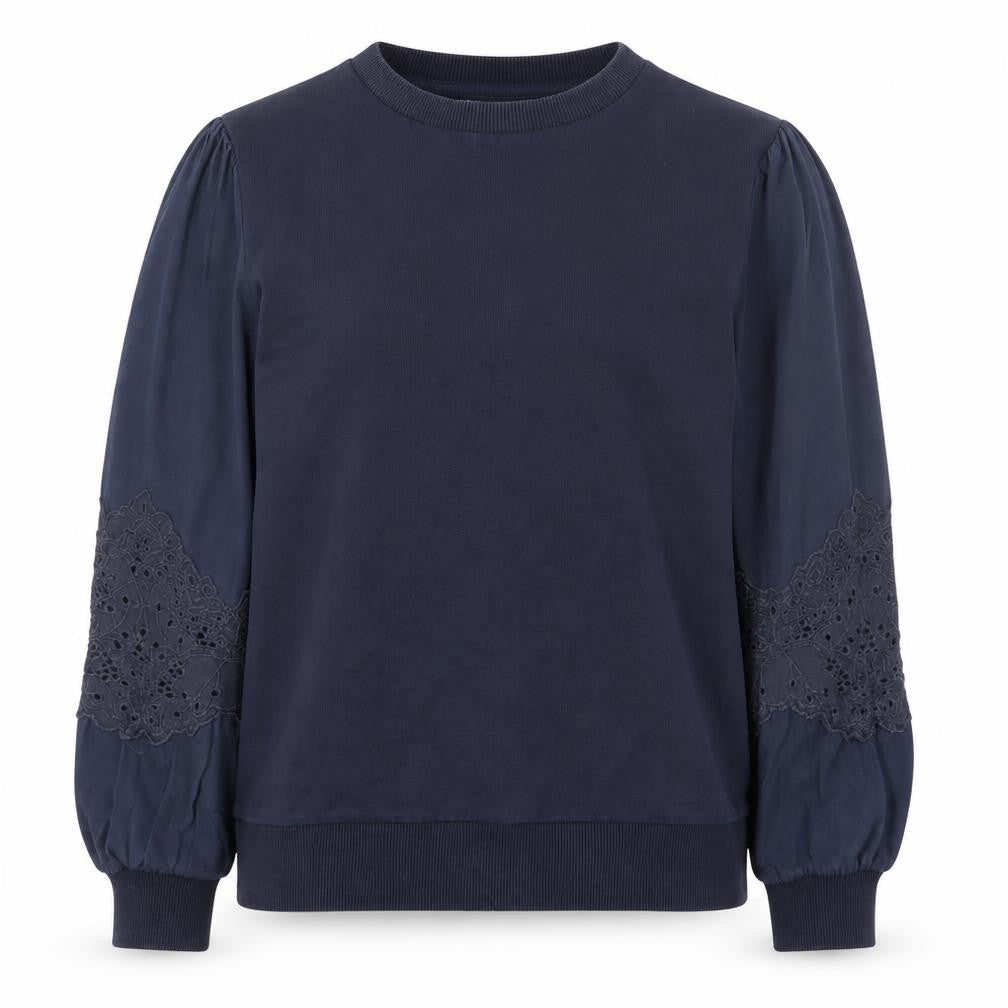 Front view of Gallery Women Navy Blue Pullover Sweatshirt with Embroidered Lace Sleeves, size S