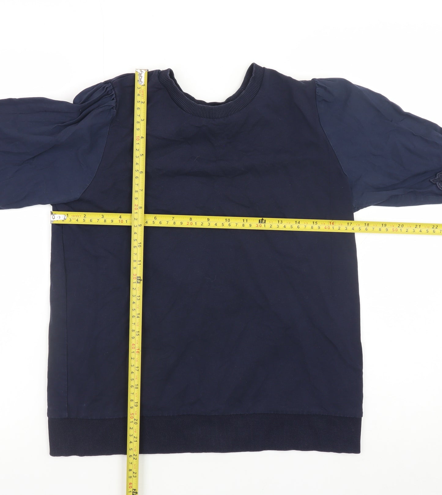 Gallery Women Navy Blue Pullover Sweatshirt with Embroidered Lace Sleeves Size S