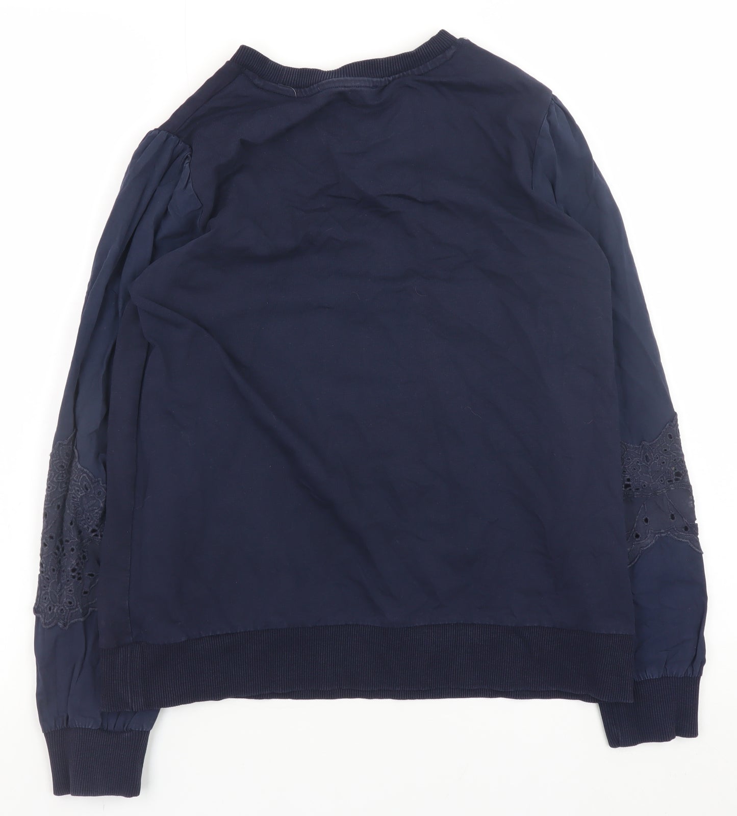 Gallery Women Navy Blue Pullover Sweatshirt with Embroidered Lace Sleeves Size S