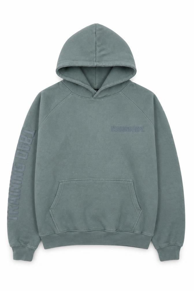 Front view of boohooMAN Men's Green Training Dept Pullover Hoodie, size M
